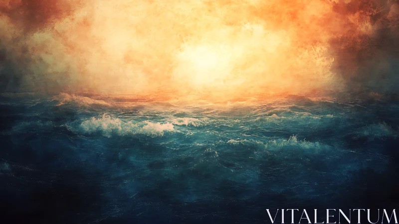 Sunlit stormy sea glowing beneath a burning sky.