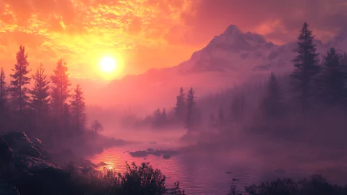 Radiant alpine river at sunrise with mist-layered pines.