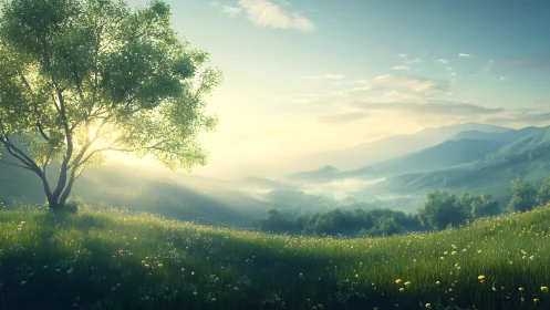 Sunlit tree on misty green hills at early morning light.