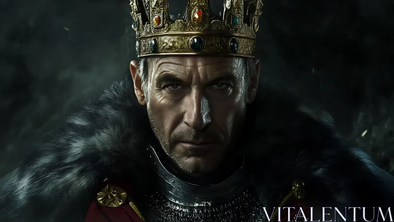 Stern crowned monarch stares forward in moody low light