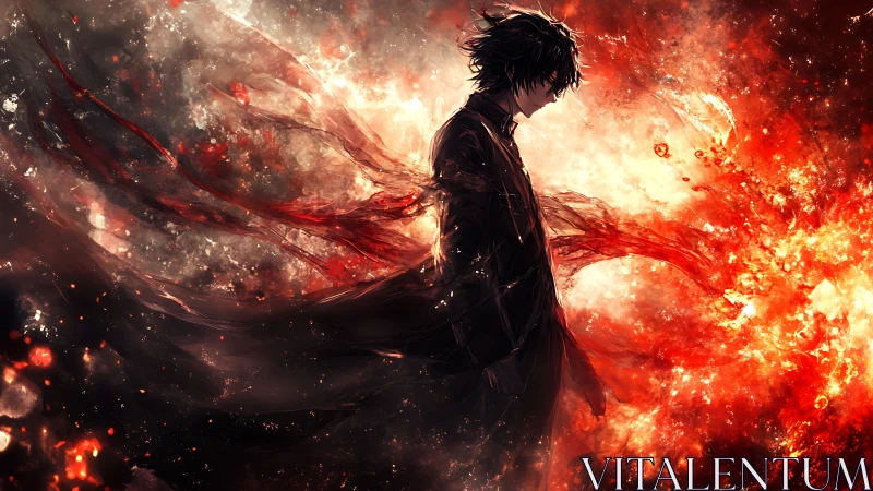 Solitary anime figure within eruptive crimson energy field.