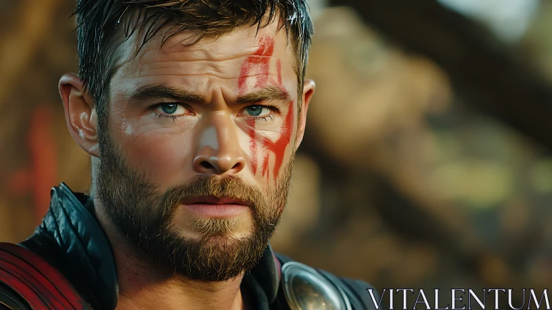 Bearded warrior portrait with red facial paint in focus.