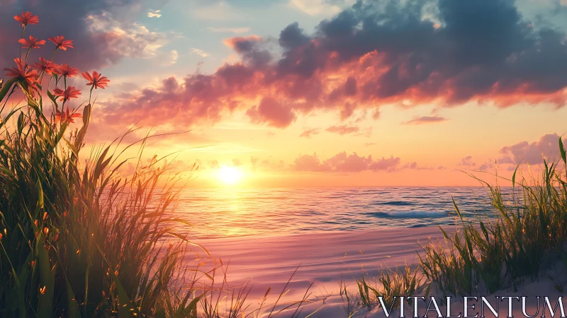 Sunset shoreline with wildflowers in glowing pastel light.