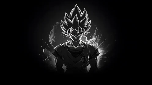 Monochrome spiky-haired anime warrior with glowing aura center