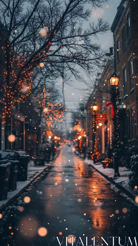 Snow-covered residential street shows winter lights at dusk
