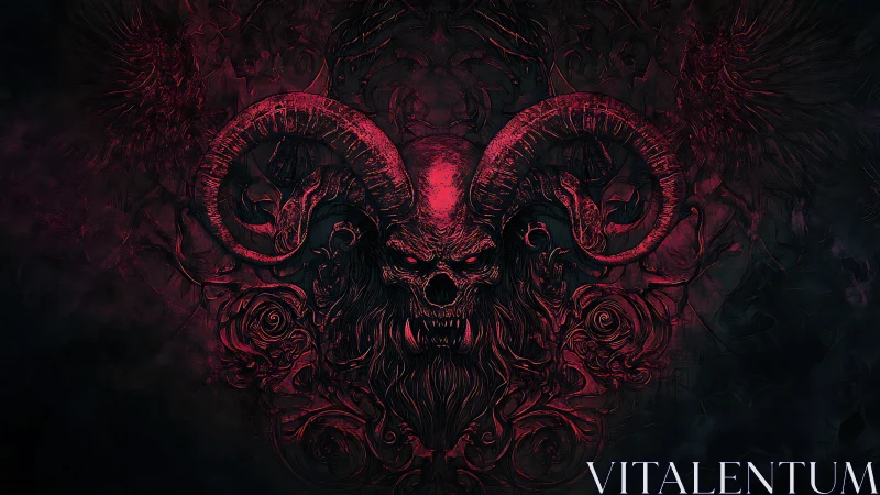 Demonic horned skull emerges from swirling crimson darkness
