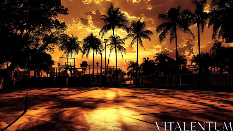 Sunlit palm court at golden hour with dramatic silhouettes.