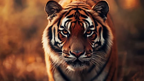 Golden hour tiger walks forward with calm, powerful focus