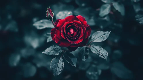 Deep Crimson Rose with Dew-Laden Foliage Against Moody Teal Backdrop.