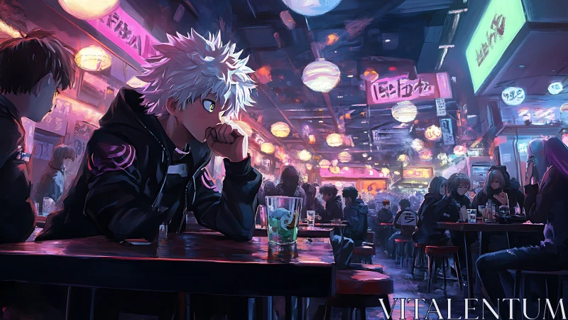 Neon lit anime street bar with pensive white haired teen