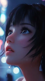 Nocturnal gaze in neon light with hyperreal anime detail.