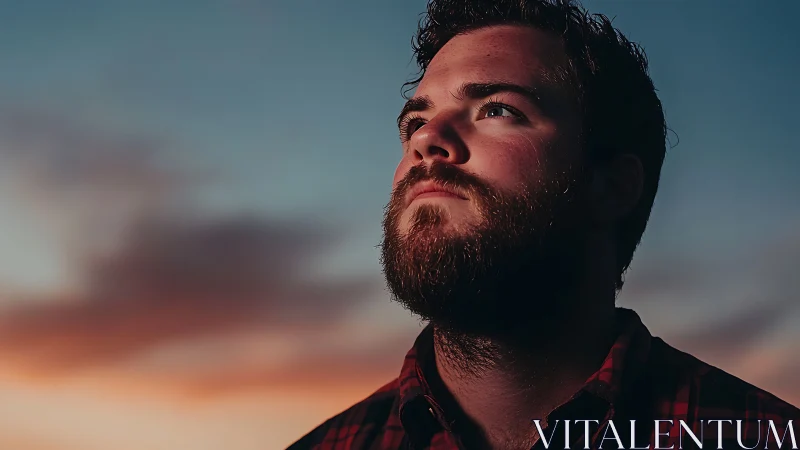 Thoughtful bearded man gazes upward against a warm sunset sky
