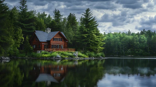 Lakeside log cabin in dense conifer forest under clouds.
