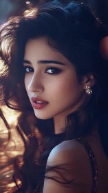 Portrait shows young woman in soft backlit close-up profile