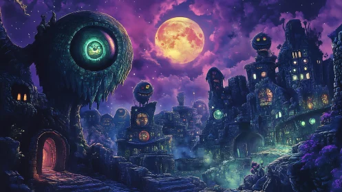 Nighttime fantasy city shows glowing eyes and full moon