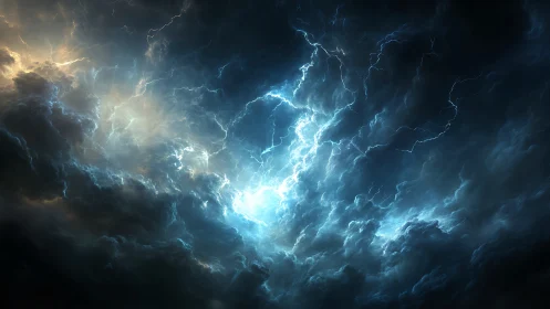 Dense storm clouds with blue lightning and illuminated core.