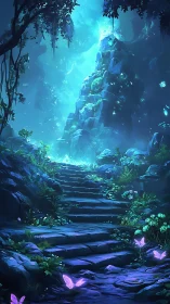 Glowing stone stairway leading into a blue mystical cavern.
