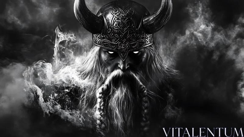 Storm-forged viking warlord emerging from swirling shadowed mist.
