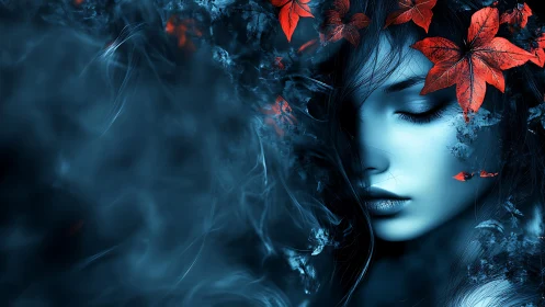 Bioluminescent cyan portrait with scarlet foliage crown contrast