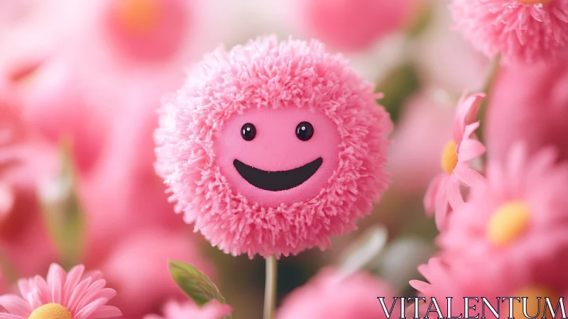Happy Flower Character Surrounded by Pink Daisy Blooms