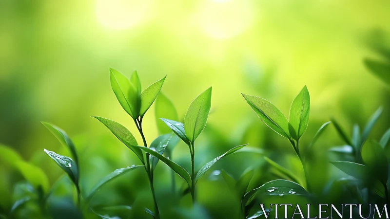 Fresh green leaves in natural sunlight, soft focus nature photography.