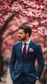Man in blue suit standing under pink flowering trees outdoors.
