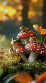 Three stylized frogs rest on red mushrooms in forest light