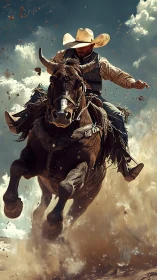 Cowboy drives charging bull through exploding desert dust