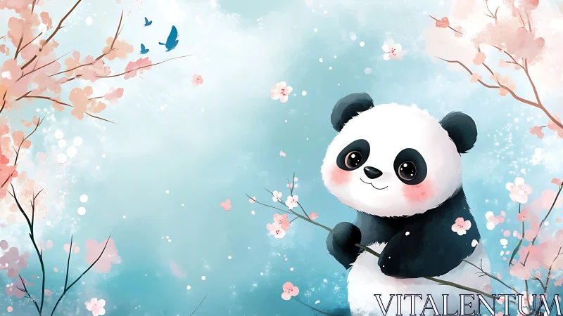 Playful panda smiles among soft pastel cherry blossoms