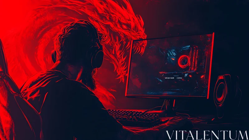Backlit gamer silhouette faces red dragon-shaped digital vortex