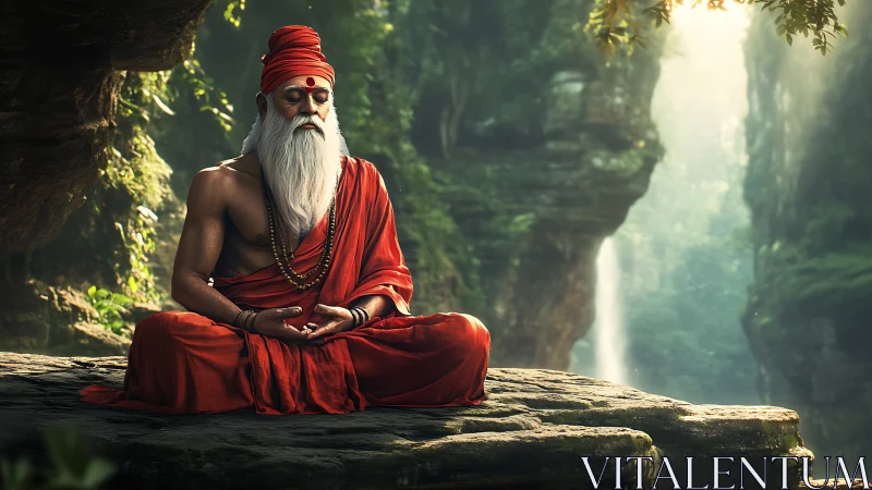 Photorealistic sage in meditative pose on mossed rock plateau.