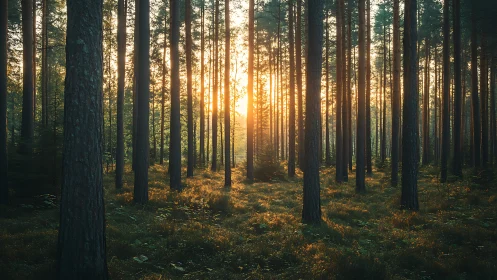 Serene sunlit pine forest at dawn in natural landscape photography.