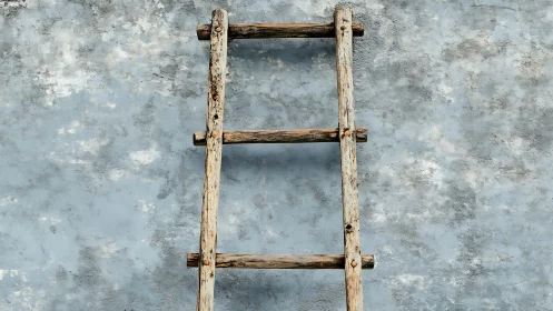 Weathered wooden ladder leaning on a calm blue wall.