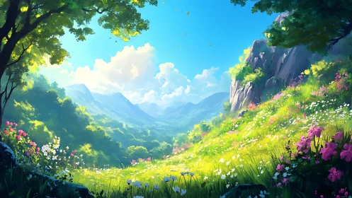 Mountain valley landscape with sunlit wildflower meadow.