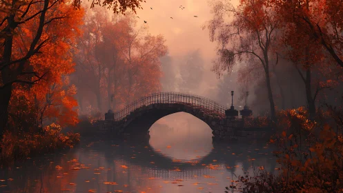 Stone arch bridge spans a misty autumn river at dusk