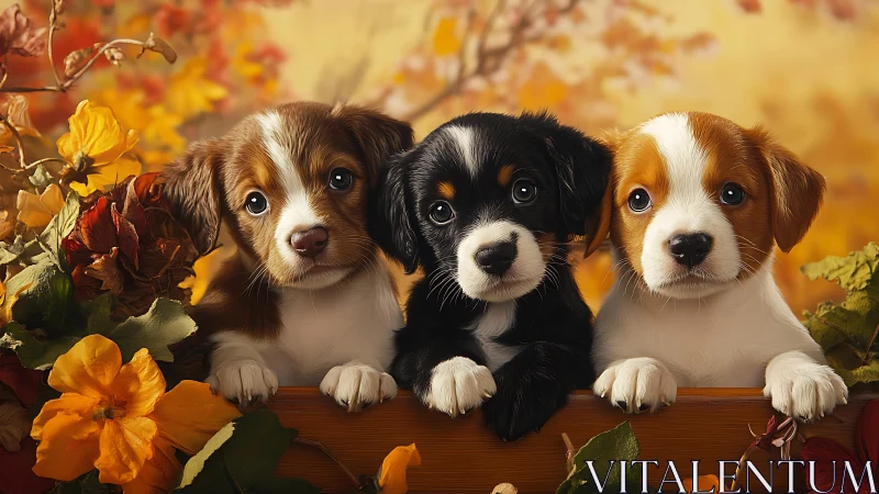 Three autumn puppies framed by colorful fall foliage.
