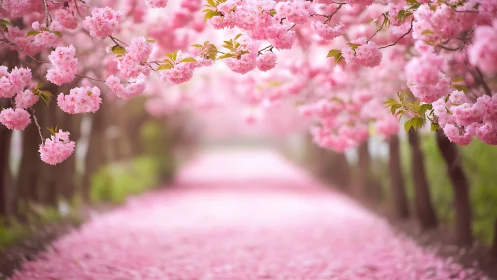 Photorealistic cherry blossom tunnel with soft depth of field.