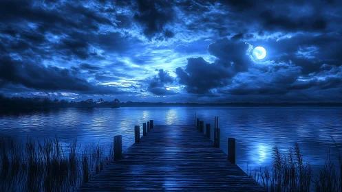 Midnight lakeside pier invites quiet reflection under moonlight