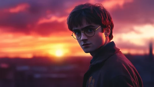 Young man with round glasses turns toward vivid sunset
