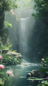 Whispering waterfall garden cradled in soft jade light.