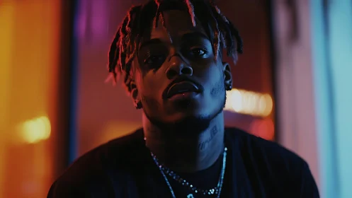 Neon-lit portrait uses split complementary bicolor rim lighting effectively