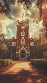 Red brick academic tower stands over sunlit brick path