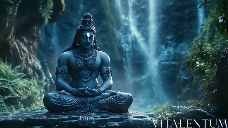 Shiva statue sits in lotus posture before tall waterfalls