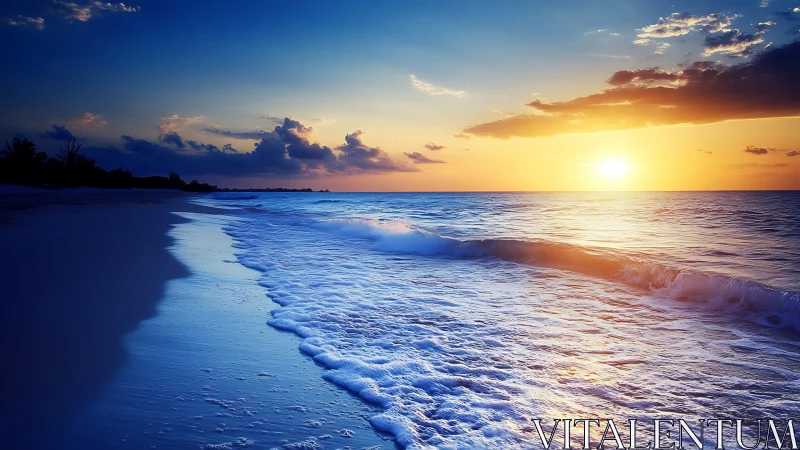 Photorealistic shoreline sunset with luminous wave contours.