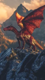 Crimson mountain dragon dominates rocky summit at dusk.