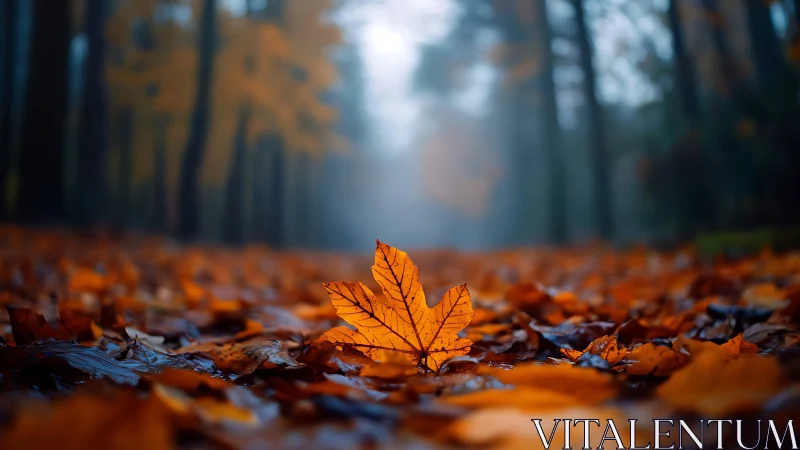 Central maple leaf isolates in shallow-focus autumn forest
