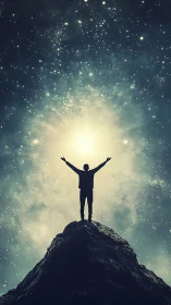 Silhouette stands atop rocky peak under radiant starfield glow