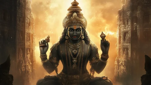 Golden temple deity radiates serene cosmic twilight grace.