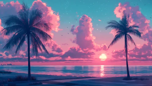 Neon tropic sunset between silhouetted palms over calm sea.