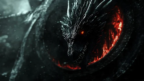 Black dragon head emerging from fiery circular portal.